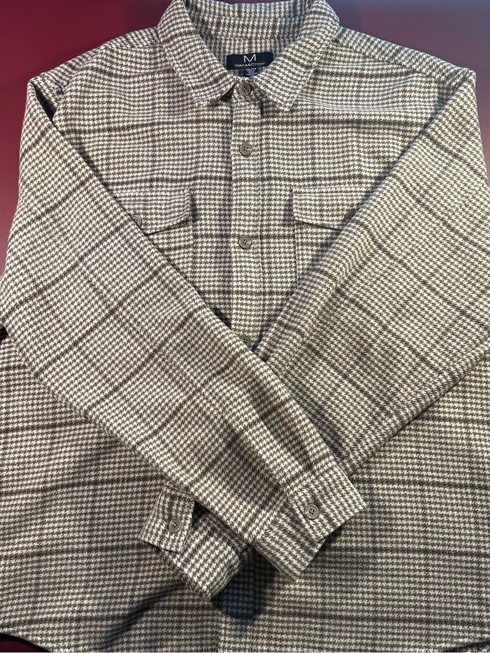 Magaschoni Men's Brown and Cream Plaid Button-Down Shirt Jacket